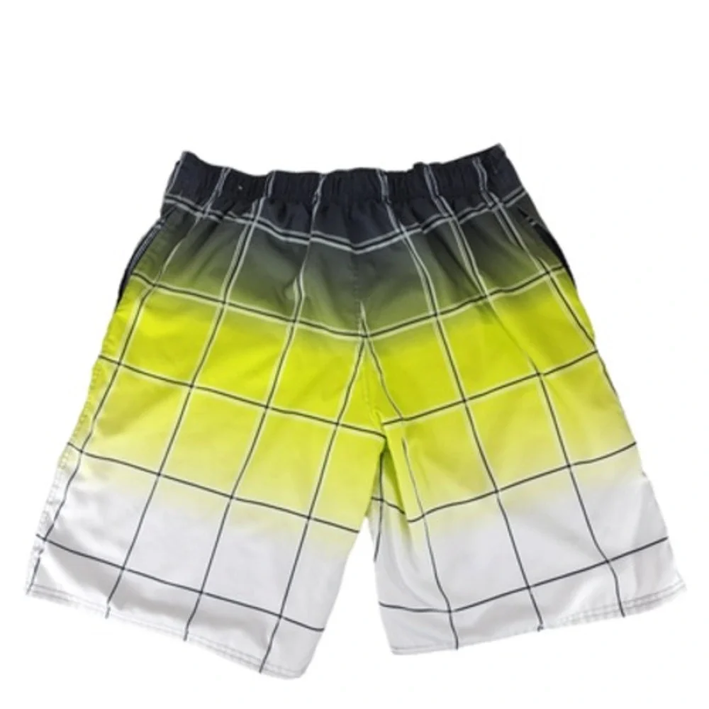 OP Ocean Pacific Board Short L 36-38 Men‎ Windowpane Plaid White Yellow Ombre
